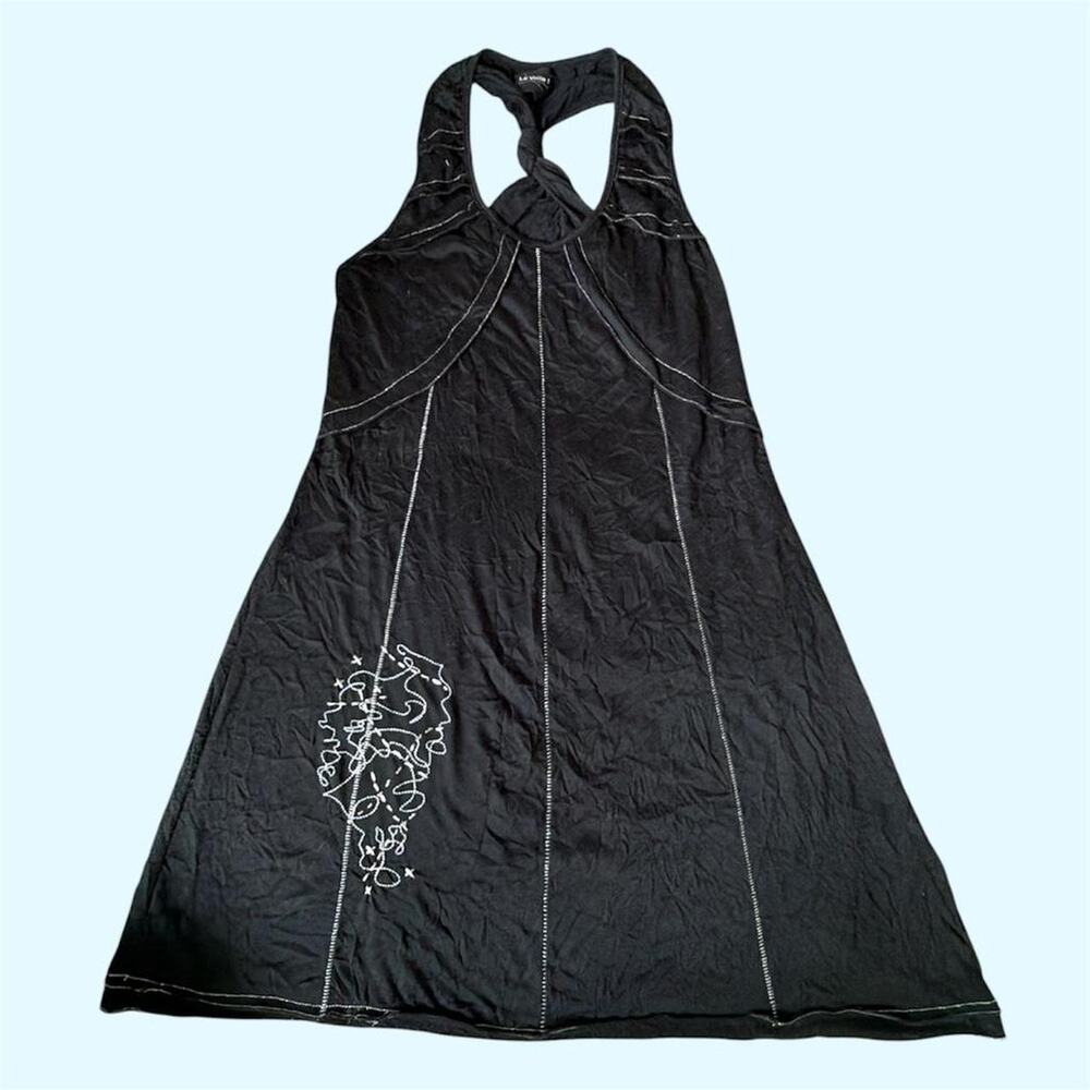 Euro French brand La Voila Black subversive embroidered mini dress